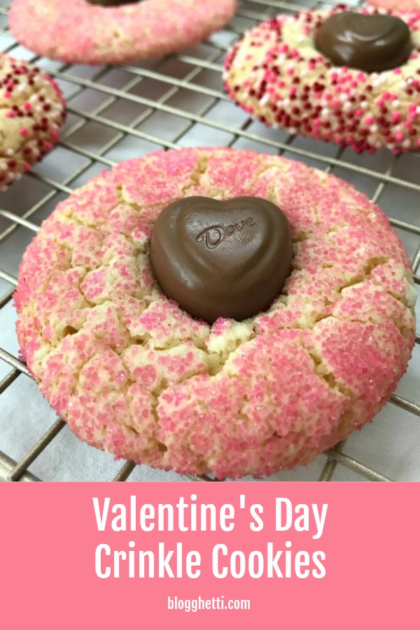 Valentine's Day Crinkle Cookies with chocolate hearts cooling on wire rack