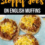 Cheesy sloppy Joes on a blue plate with a text overlay