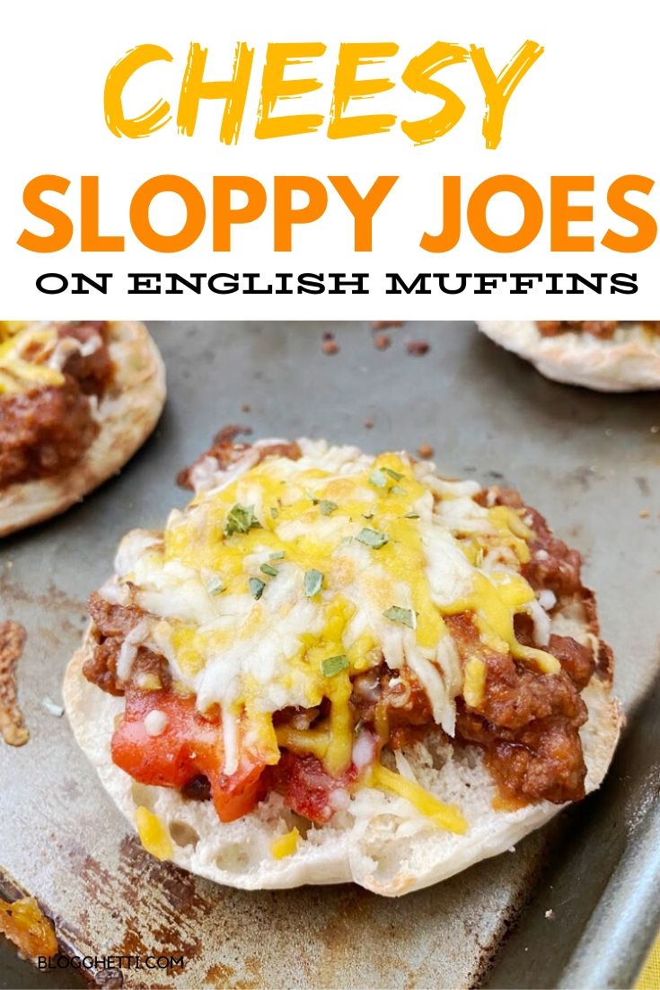 Cheesy sloppy Joes on sheet pan with a text overlay