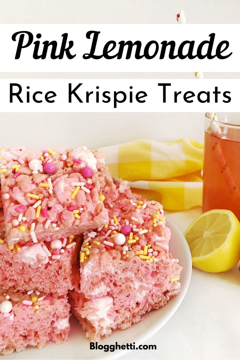 A graphic with the text "Pink Lemonade Rice Krispie Treats" above an image of pink lemonade cereal treats, a glass of lemonade, and a lemon slice.