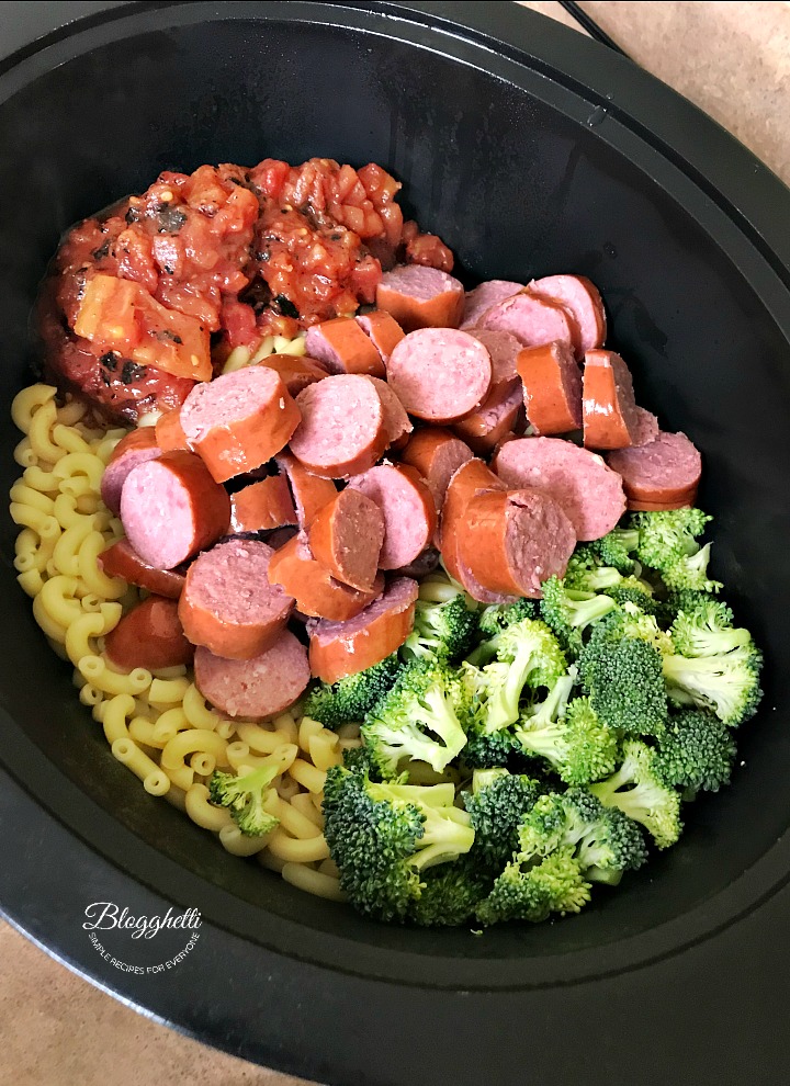 ingredients for slow cooker broccoli sausage macaroni casserole
