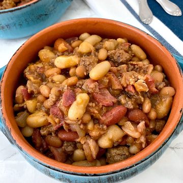 Slow Cooker Calico Beans in blue stone bowl