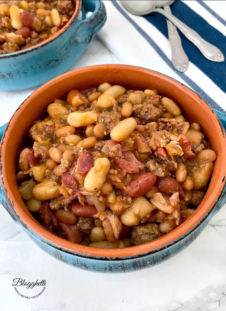 Slow Cooker Calico Beans in blue stone bowl