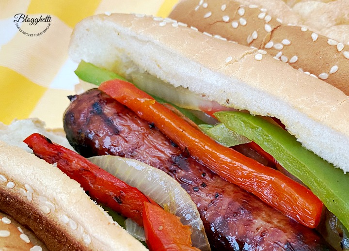 close up of Italian Sausages with Grilled Peppers and Onions