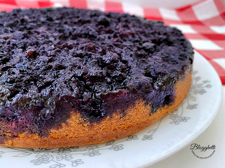 Blueberry upside down cake close up