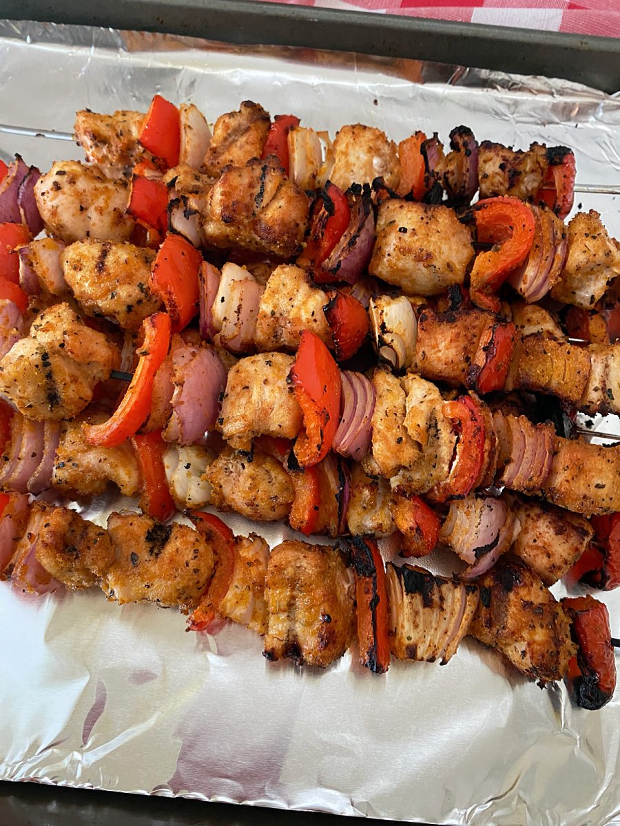 chicken veggie skewers on sheet pan