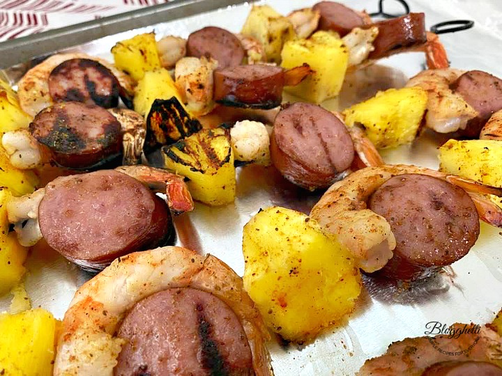 Grilled Skewers with Shrimp, Sausage, and Pineapple