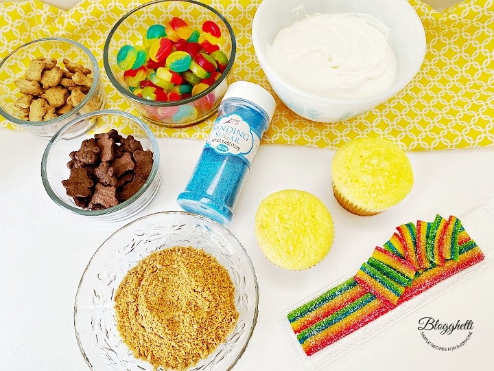 ingredients for decorating beach cupcakes