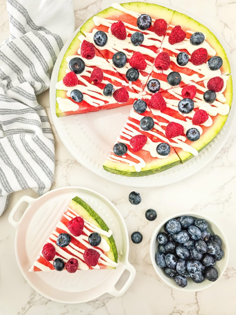 overhead view of easy fruity watermelon pizza