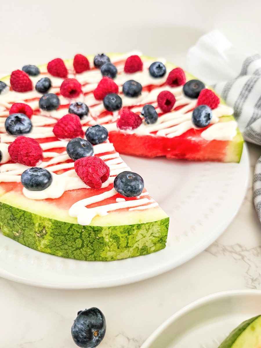 slice of watermelon made into a fruit pizza