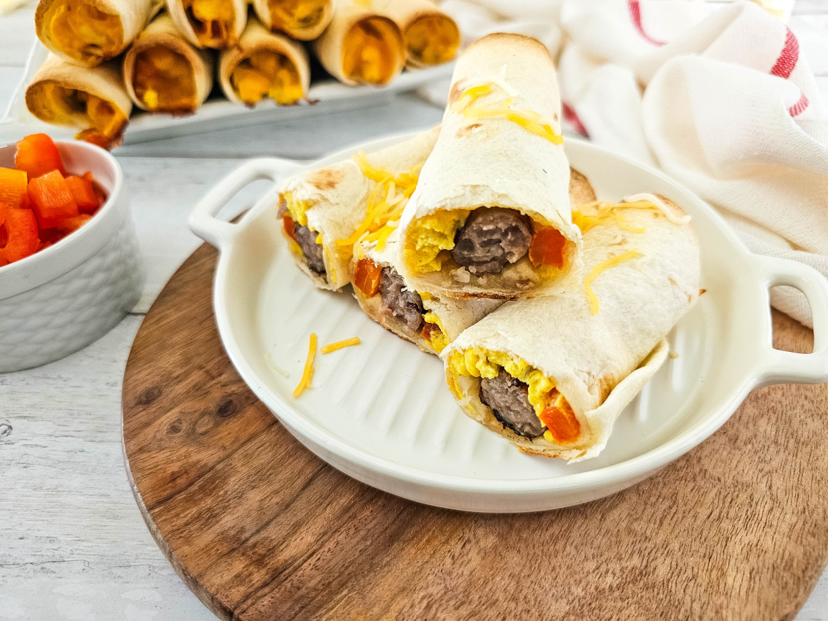 egg and sausage mini burritos on plate