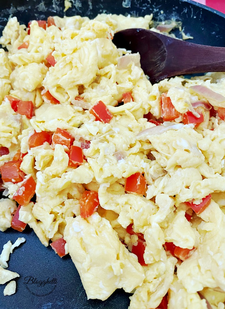 pan of scrambled eggs