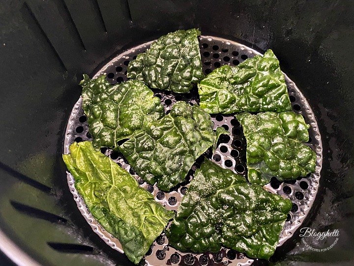 seasoned Kale pieces in air fryer