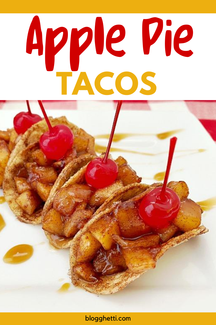 apple pie tacos with maraschino cherries on top with text overlay