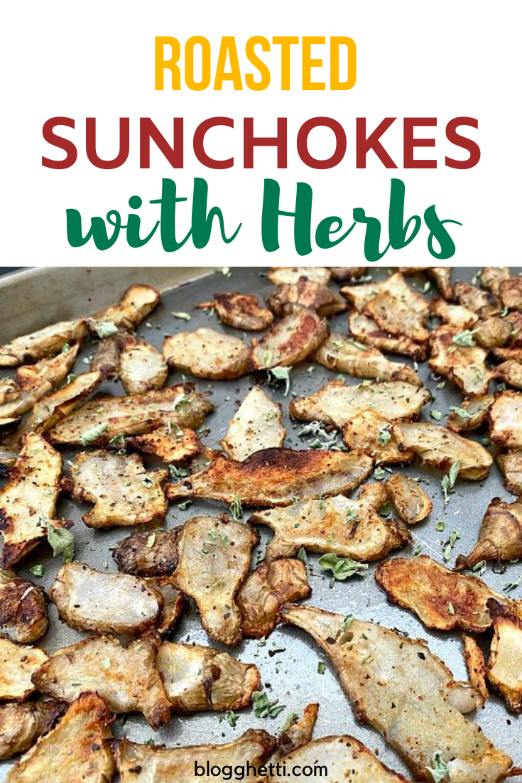 Roasted sunchokes with herbs with text overlay