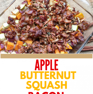 apple butternut squash casserole with pecan bacon topper with text overlay