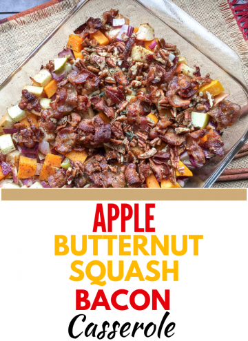 apple butternut squash casserole with pecan bacon topper with text overlay