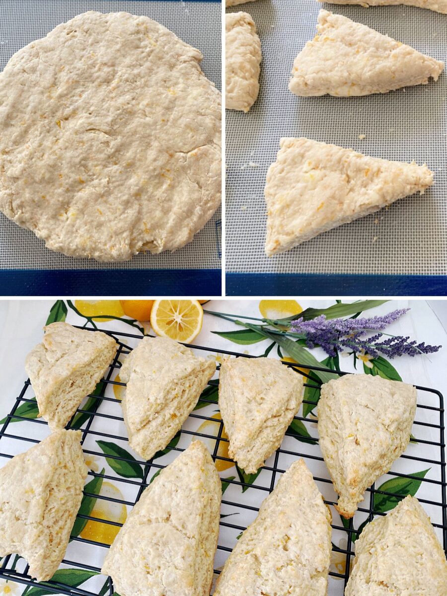 A process collage containing three panels showing stages of baking scones. The top-left panel shows a round disc of raw scone dough flecked with yellow zest on a silicone baking mat. The top-right panel shows the dough cut into individual unbaked triangular wedges spaced apart on the mat. The bottom panel shows eight fully baked, golden-brown scones cooling on a black wire rack with fresh lemons and lavender in the background.