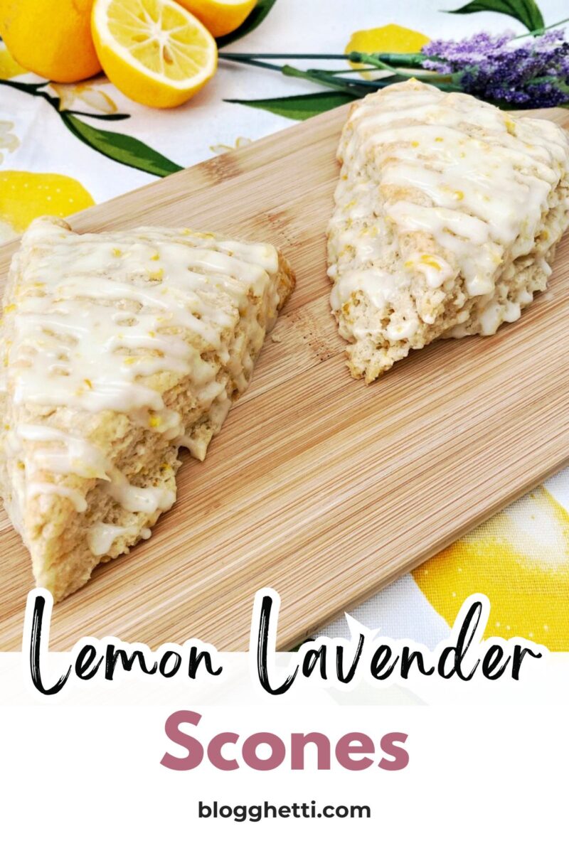 A vertical recipe graphic showing two freshly baked scones topped with white icing on a wooden tray. The bottom features large, stylized text that reads "Lemon Lavender Scones" in cursive and bold fonts