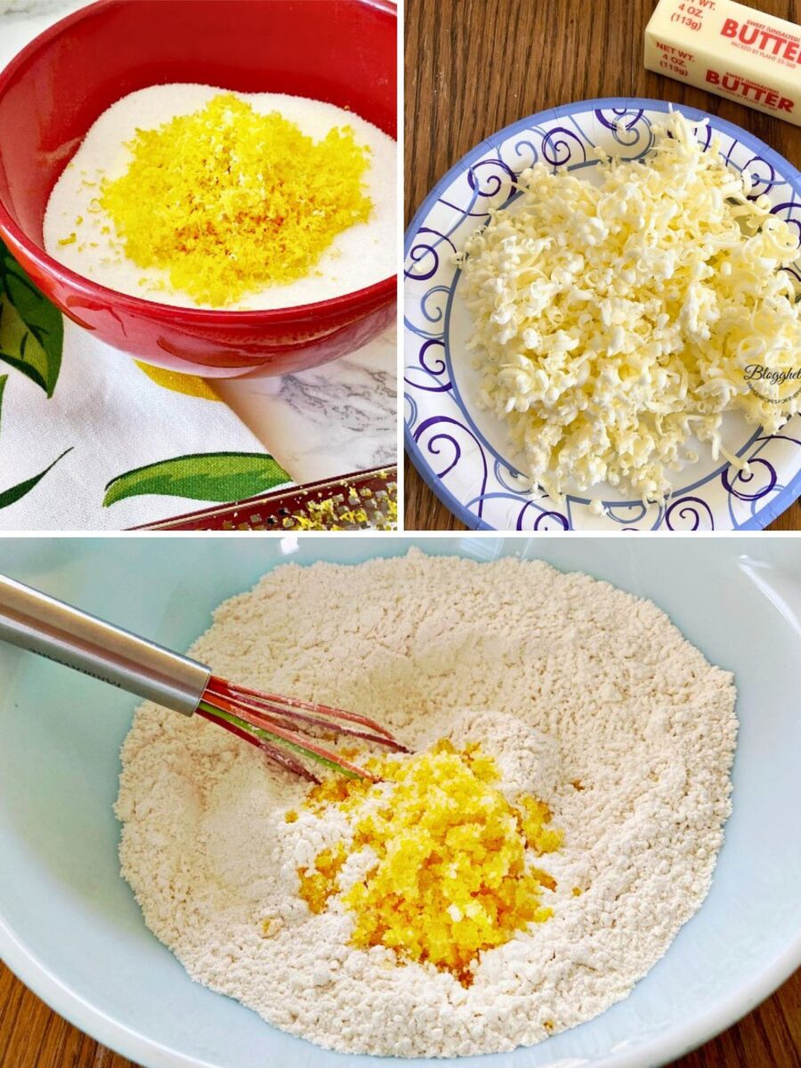 A collage of three recipe steps. The top-left panel shows a pile of freshly grated yellow lemon zest inside a red mixing bowl filled with white granulated sugar. The top-right panel shows a mound of finely grated cold butter on a blue and white paper plate. The bottom panel shows a metal whisk mixing the bright yellow lemon zest and sugar into dry flour inside a large light blue bowl.