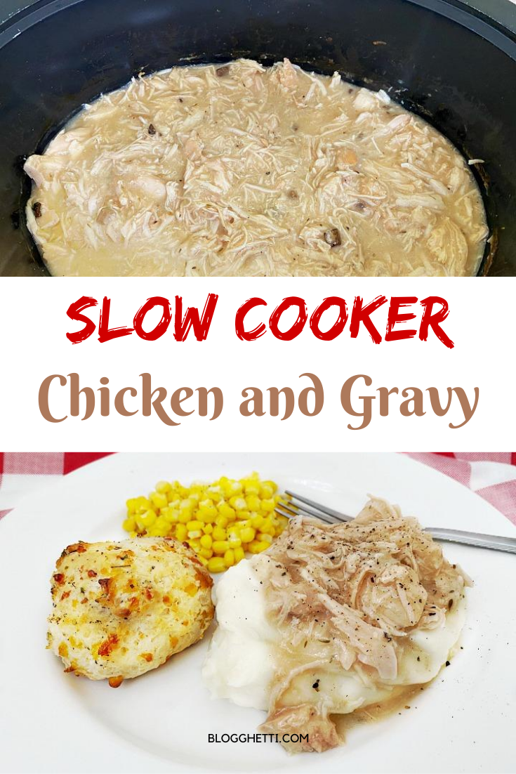slow cooker chicken and gravy with text overlay