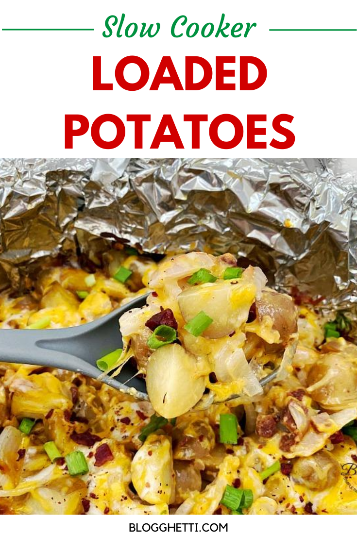 slow cooker loaded cheesy potatoes with text overlay