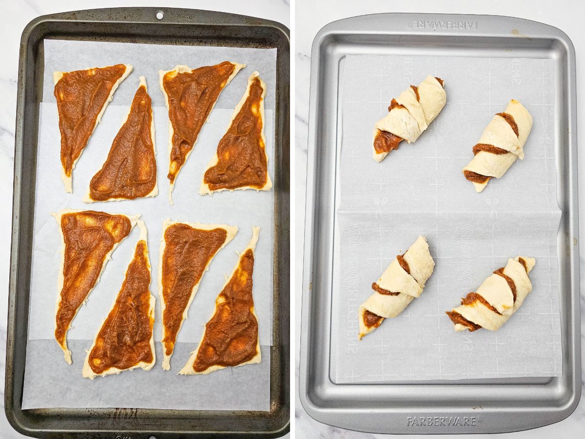 A two-panel image illustrating the assembly of pumpkin crescent rolls. The left panel shows crescent dough triangles spread out on parchment paper on a baking sheet, each generously covered with pumpkin filling. The right panel shows several of these triangles rolled up into crescent shapes, ready for baking.