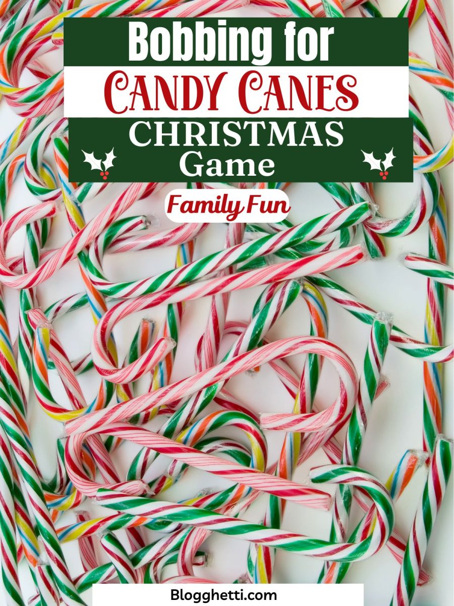 A flat lay image showing a large pile of red, white, and green candy canes with a festive text overlay that reads: "Bobbing for Candy Canes Christmas Game Family Fun."