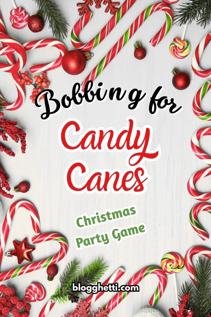A highly stylized border of colorful candy canes, holly, and red Christmas ornaments framing a white background with the main text title: "Bobbing for Candy Canes Christmas Party Game.