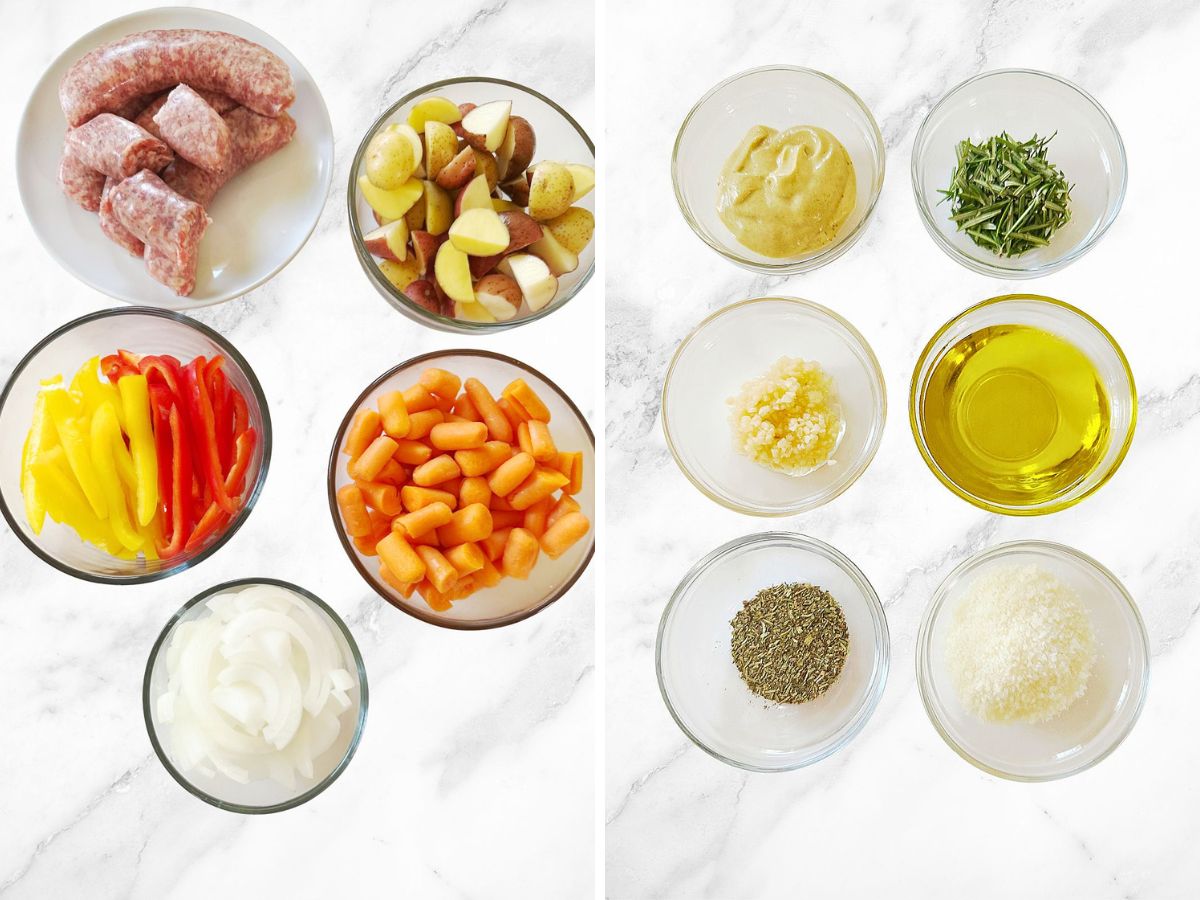 A flat lay of all the raw ingredients for the sheet pan meal, including Italian sausage, chopped vegetables, and the separate dressing components.