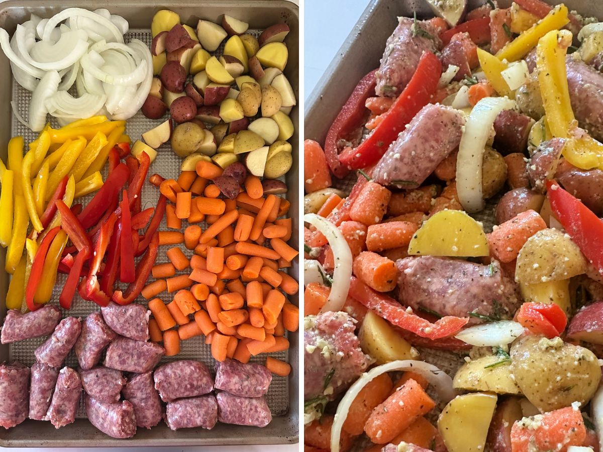 Raw Italian sausage, chopped potatoes, carrots, onions, and bell peppers on a baking sheet, before and after being tossed with the dressing.
