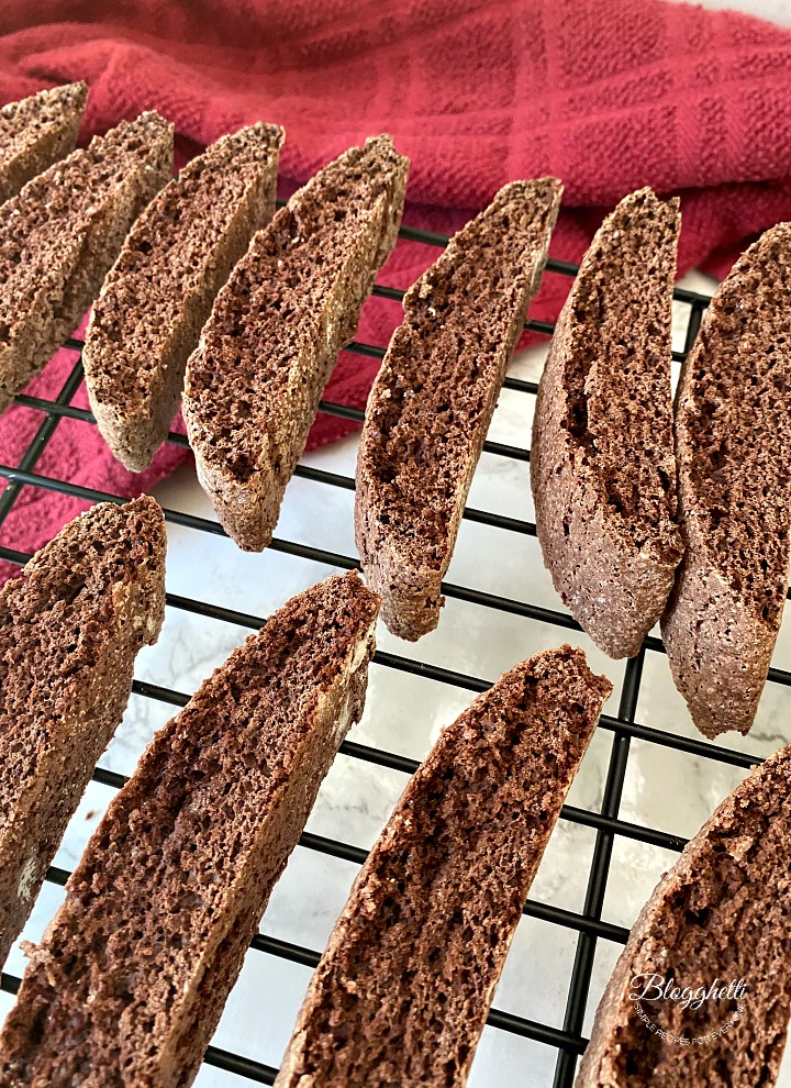 chocolate biscotti cooling on wire rack