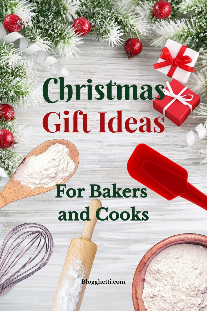 “Christmas Gift Ideas for Bakers and Cooks.” A whisk, rolling pin, spatula, and flour-filled spoon surround the text, with wrapped gifts and Christmas greenery.