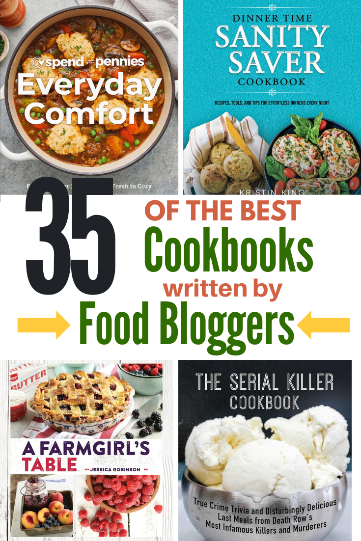 Four cookbook covers featuring a variety of cuisines: a comforting dish, a quick and easy meal, a rustic pie, and a unique dessert. The title "35 of the Best Cookbooks Written by Food Bloggers" is displayed above the collage.