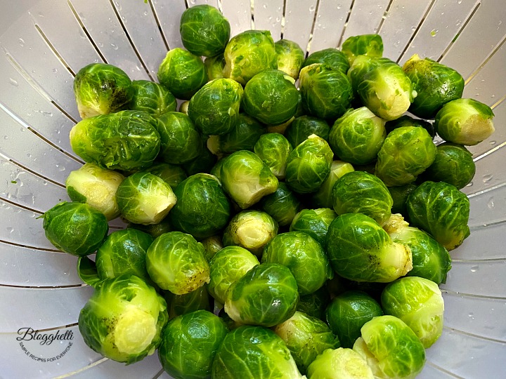 thawed Brussels Sprouts in strainer