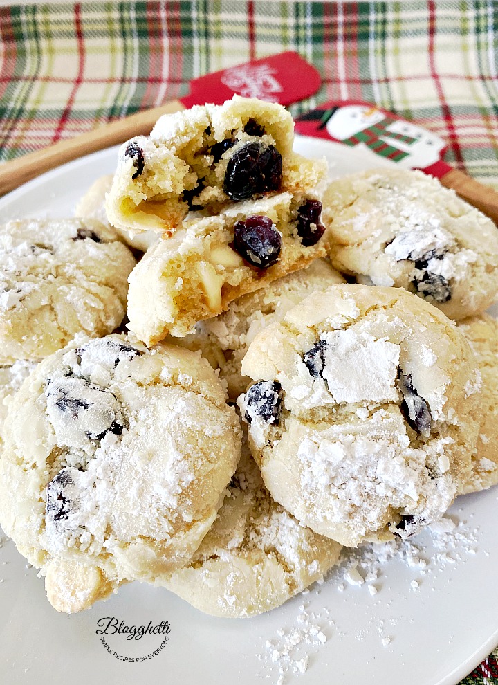 Plate of white chocolate cranberry crinkle cookies