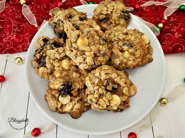 close of cranberry pecan oatmeal cookies on plate