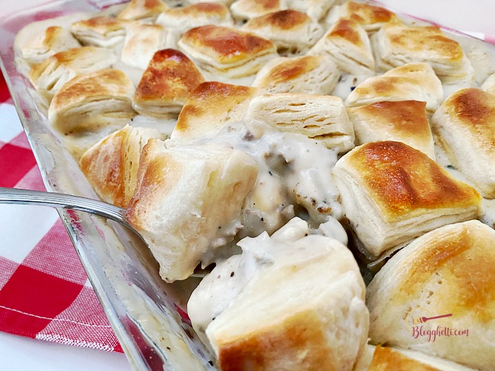 close up of Biscuits and Sausage Gravy casserole