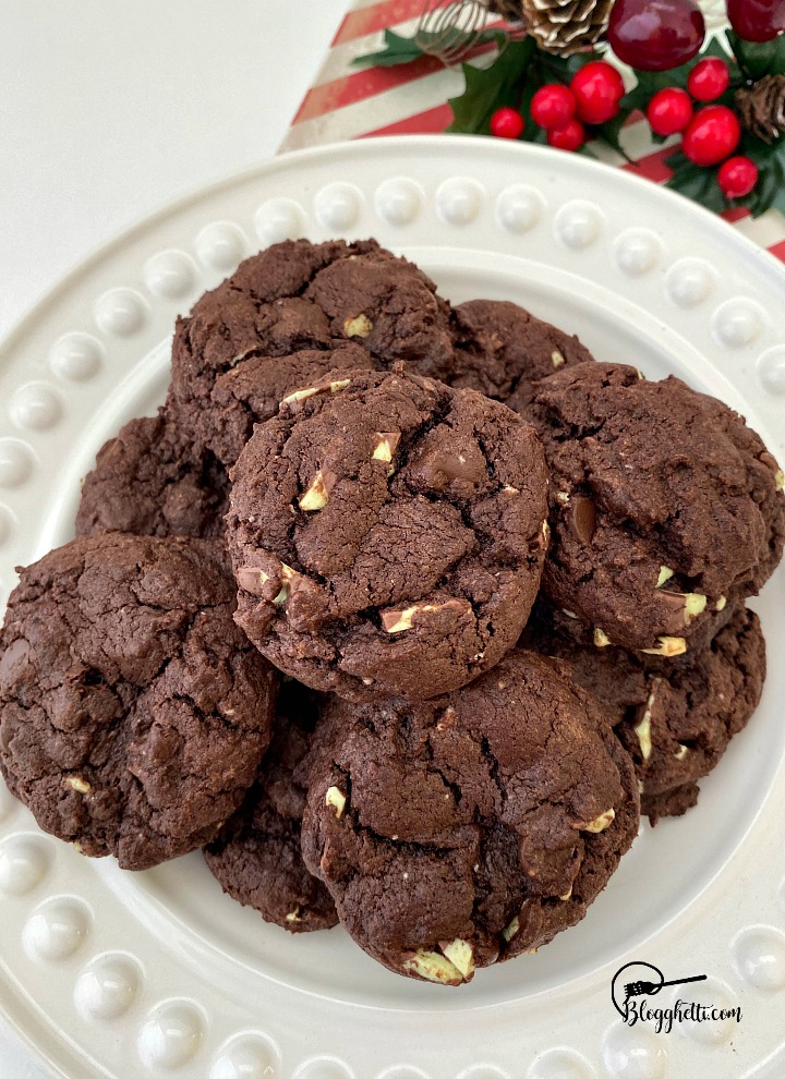 white plate with double chocolate mint cake mix cookies