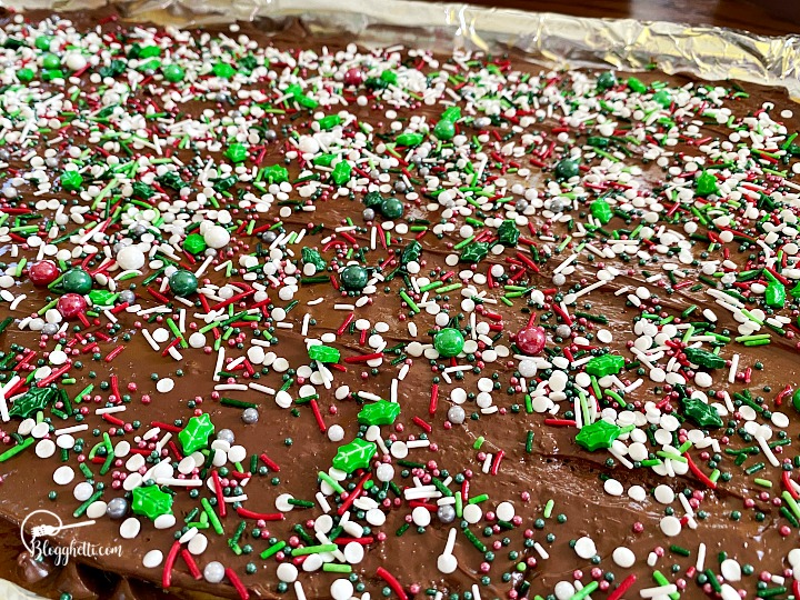 Christmas Crack candy on sheet pan cooled and ready to cut