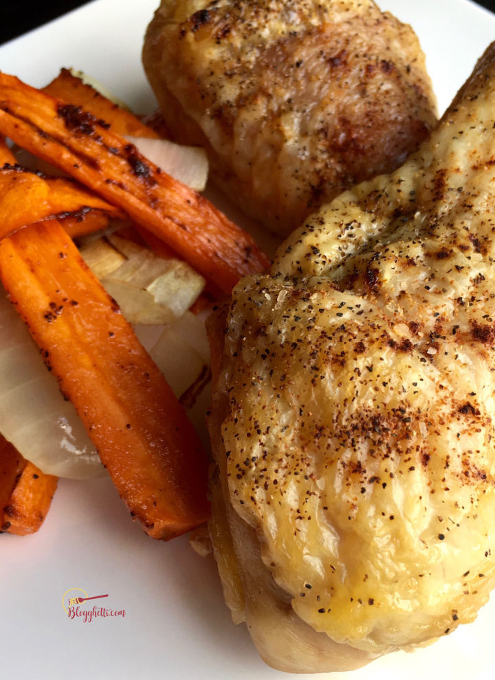 Crispy Oven Roasted Chicken Drumsticks with root vegetables