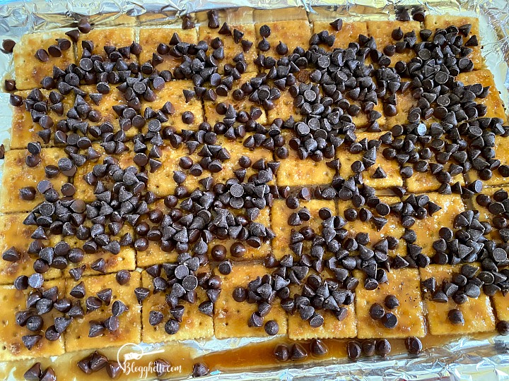 layer of saltines, toffee, and chocolate chips for Christmas Crack candy