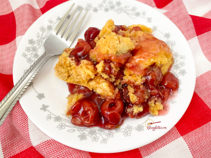3 ingredient slow cooker cherry cobbler on white plate