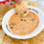 black bean cheese dip in bowl with chip