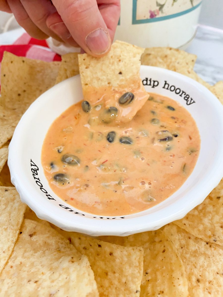 black bean cheese dip in bowl with chip