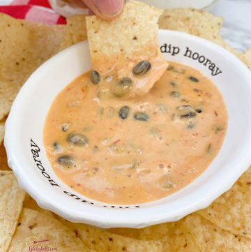 chip dipped in spicy cheese dip