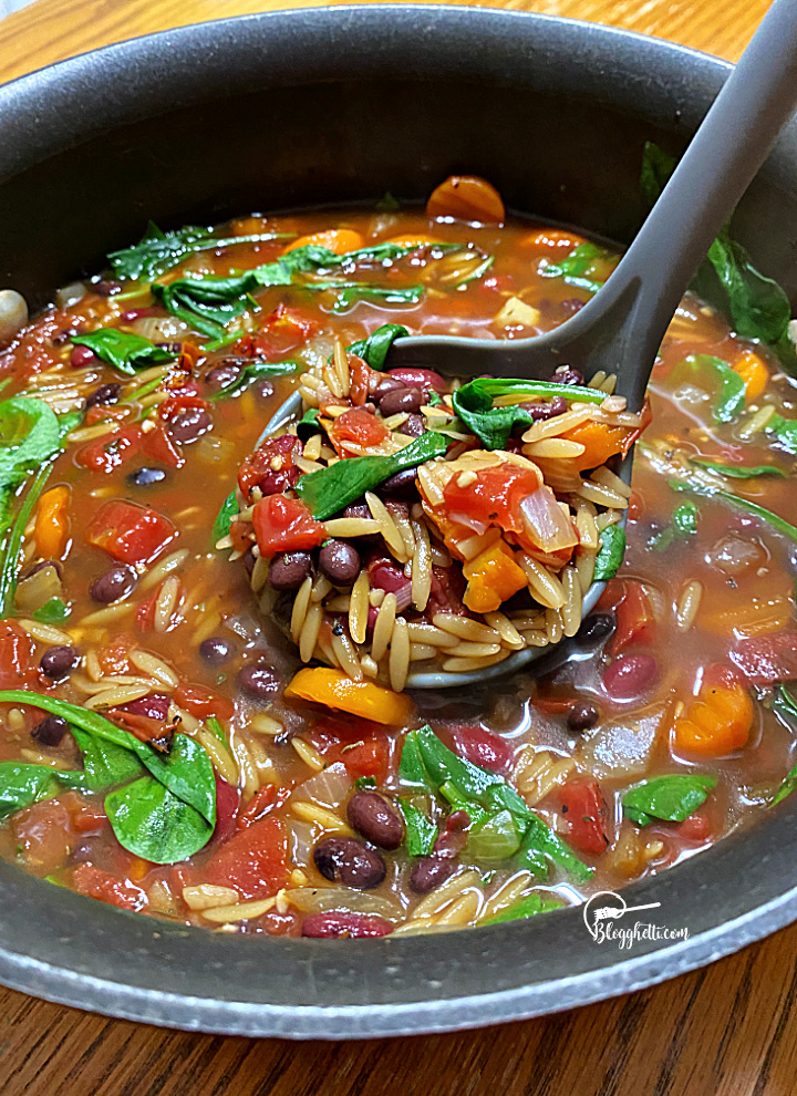 close up of two bean soup with orzo