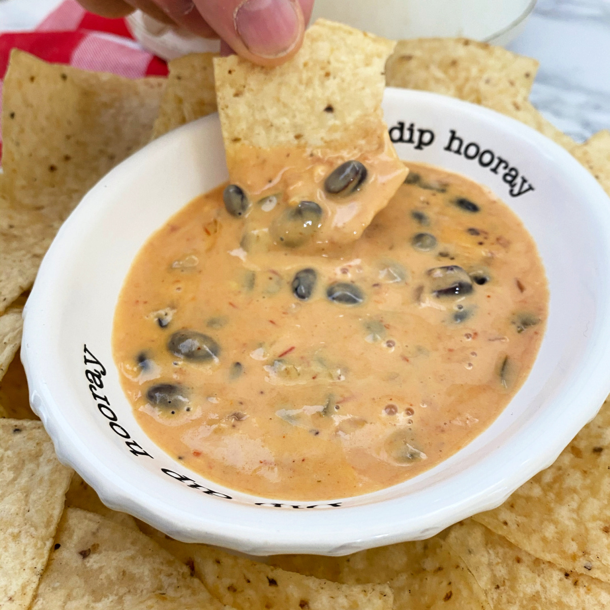 dipping a chip into black bean cheese dip