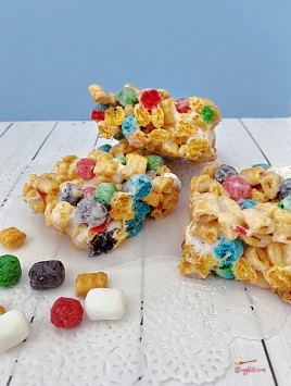 3 cereal bar treats with blue background