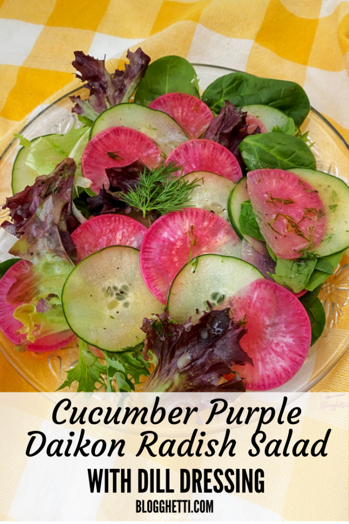Cucumber, Purple Daikon Radish with spring greens salad with homemade dill dressing